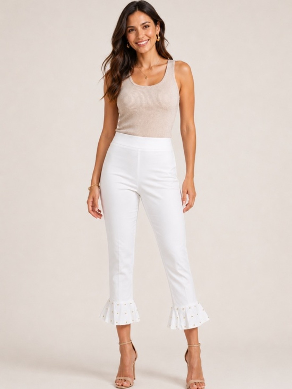 INC International Concepts White Cropped Ruffle Hem Pants with Gold Studs